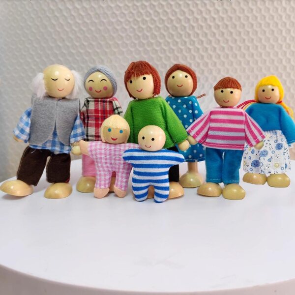 Handgefertigte bewegliche Holzpuppen – 8-teiliges Set für Kinder-Rollenspiele