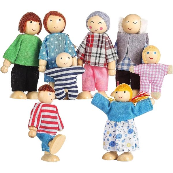 Handgefertigte bewegliche Holzpuppen – 8-teiliges Set für Kinder-Rollenspiele