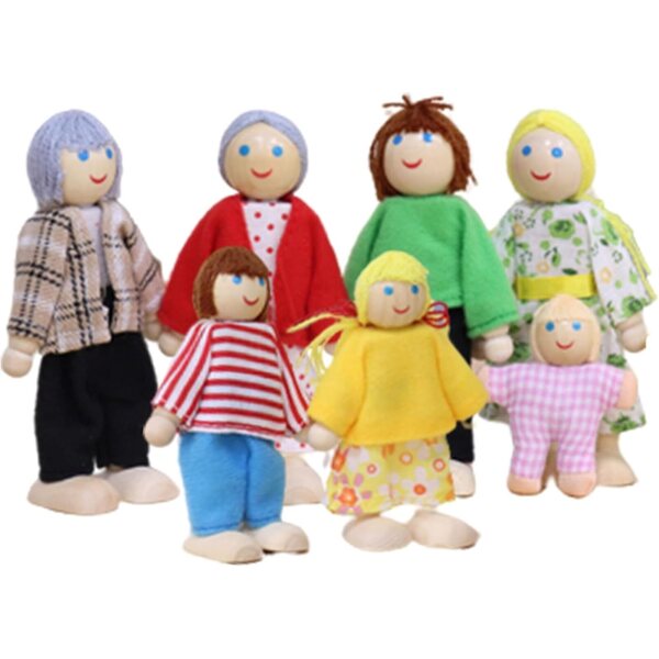 Jorzer 7-teiliges Puppenhaus-Familienset aus Holz mit beweglichen Gliedmaßen