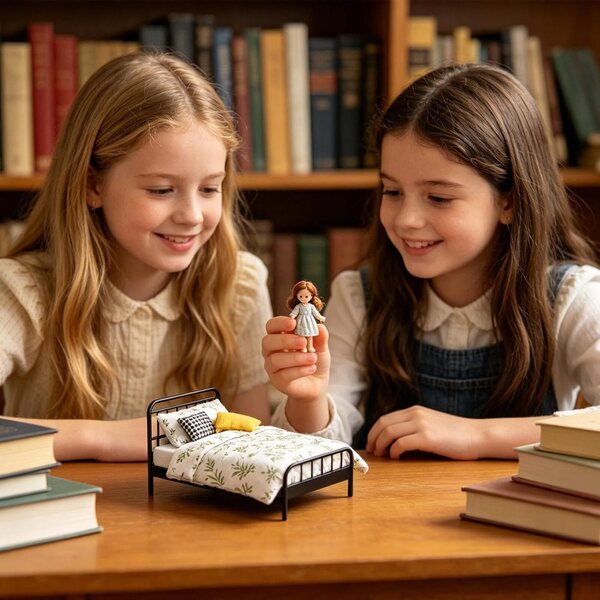 Set Miniatura Vintage per Bambole con Biancheria e Cuscini, Camera in Ferro e Tessuto