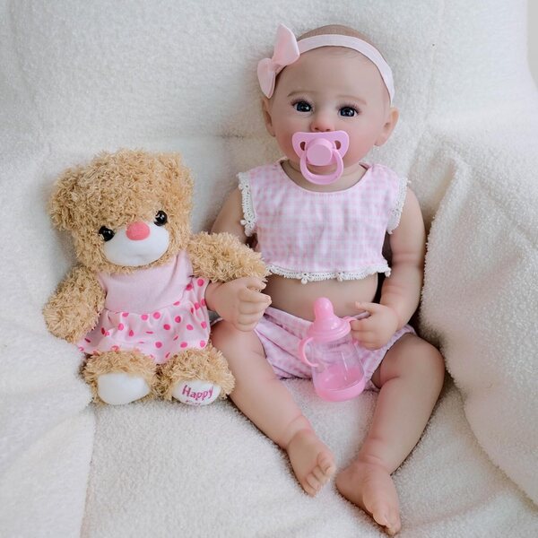 Bambola Reborn Ragazza 48 cm Corpo in Silicone Realistico con Vestito Rosa e Accessori