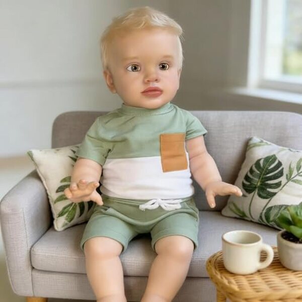 Reborn Pippa Boy Puppe 66 cm mit kurzen blonden Haaren und weichem Stoffkörper