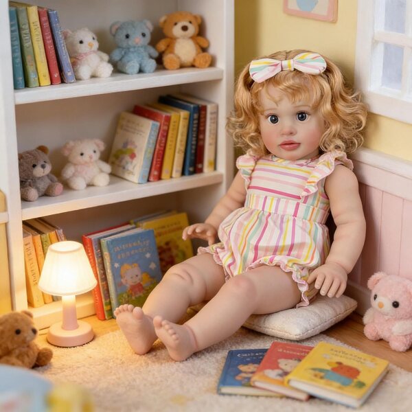 Reborn-Puppe 66 cm weicher Körper blondes lockiges Haar realistische Pippa für Kinder