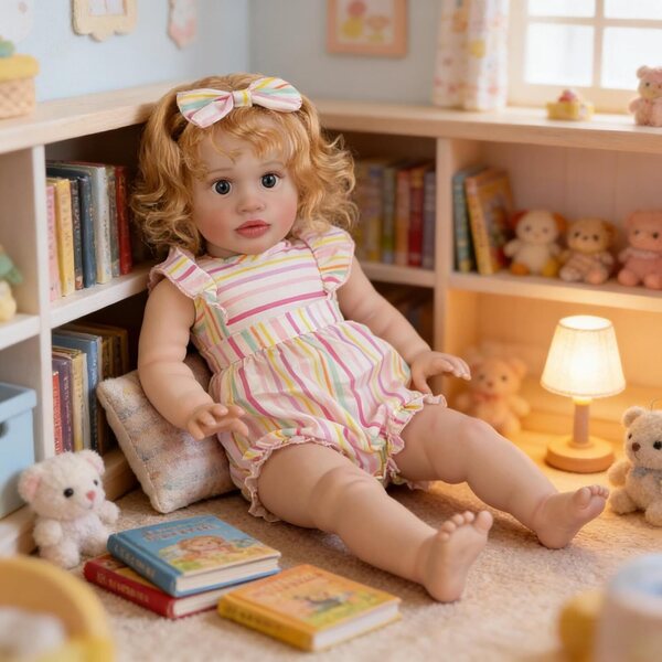 Reborn-Puppe 66 cm weicher Körper blondes lockiges Haar realistische Pippa für Kinder