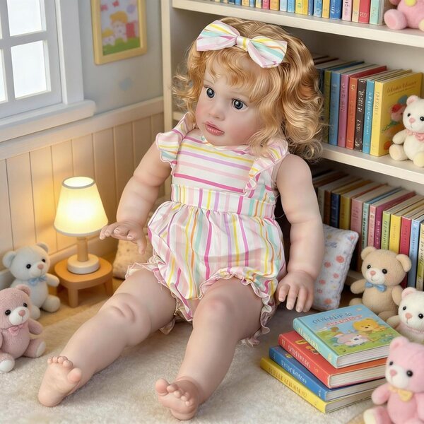 Reborn-Puppe 66 cm weicher Körper blondes lockiges Haar realistische Pippa für Kinder