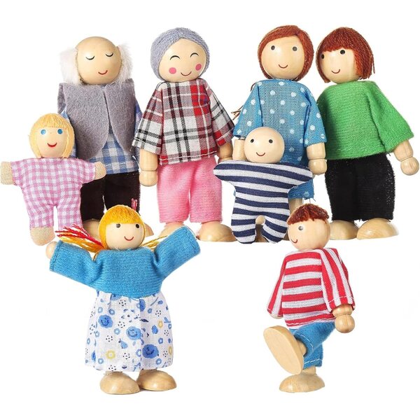 Casa delle Bambole con 8 Figure in Legno Posizionabili, Set Famiglia per Bambini