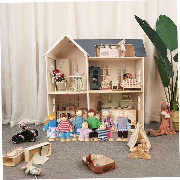 Casa delle Bambole con 8 Figure in Legno Posizionabili, Set Famiglia per Bambini