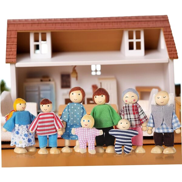 Casa delle Bambole con 8 Figure in Legno Posizionabili, Set Famiglia per Bambini