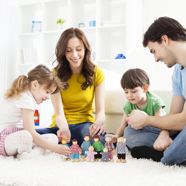 Casa delle Bambole con 8 Figure in Legno Posizionabili, Set Famiglia per Bambini