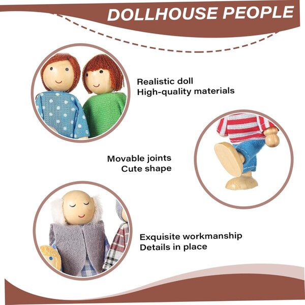 Casa delle Bambole con 8 Figure in Legno Posizionabili, Set Famiglia per Bambini