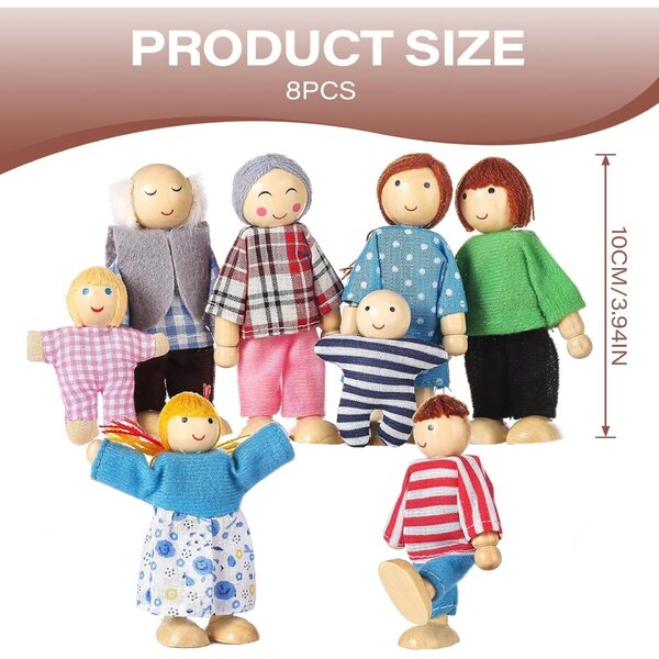 Casa delle Bambole con 8 Figure in Legno Posizionabili, Set Famiglia per Bambini