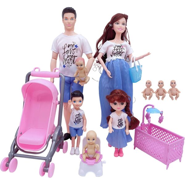 Set Familienpuppen mit schwangerer Mutter, Vater und 3 Kindern, sicheres und lehrreiches Spielen