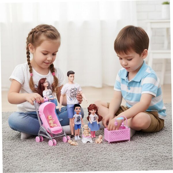 Set Familienpuppen mit schwangerer Mutter, Vater und 3 Kindern, sicheres und lehrreiches Spielen