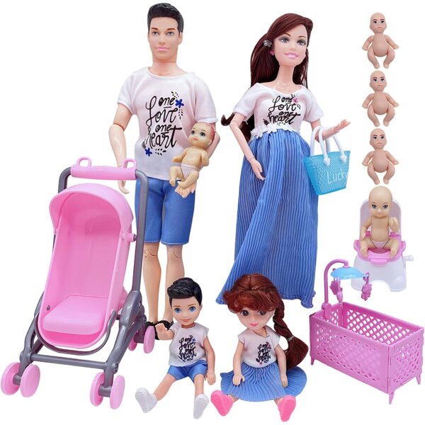Set Familienpuppen mit schwangerer Mutter, Vater und 3 Kindern, sicheres und lehrreiches Spielen
