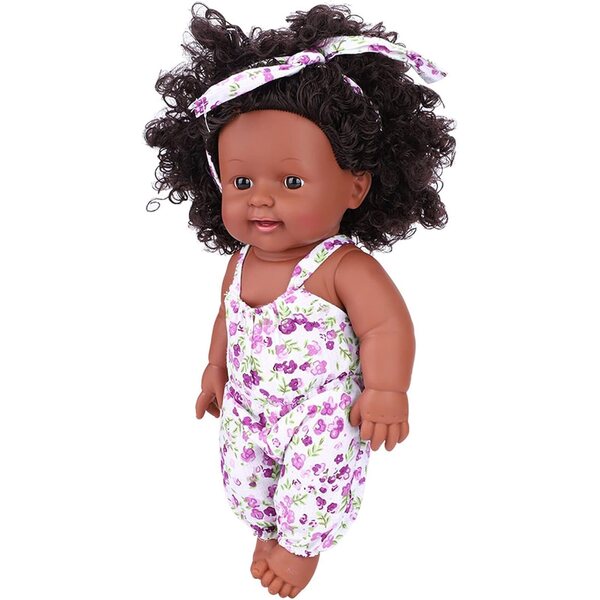 Tnfeeon 12 Zoll afrikanische Puppe aus weichem Vinyl mit flexiblem Körper und lavendelfarbenem Kleid