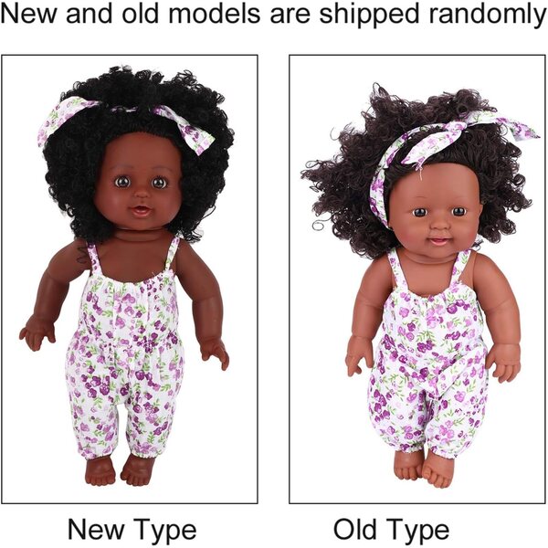 Tnfeeon 12 Zoll afrikanische Puppe aus weichem Vinyl mit flexiblem Körper und lavendelfarbenem Kleid