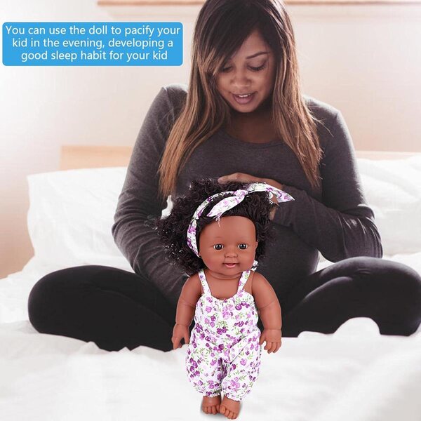 Tnfeeon 12 Zoll afrikanische Puppe aus weichem Vinyl mit flexiblem Körper und lavendelfarbenem Kleid