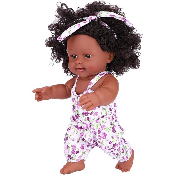 Tnfeeon 12 Zoll afrikanische Puppe aus weichem Vinyl mit flexiblem Körper und lavendelfarbenem Kleid