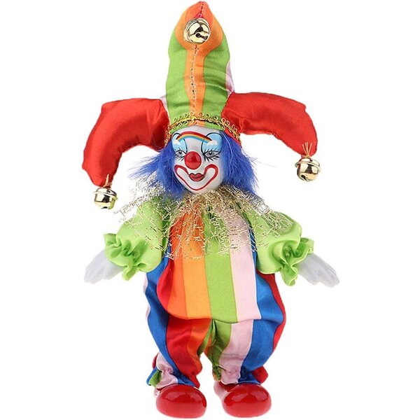 Buntes Keramik-Clown-Ornament, 19 cm, mit langen Beinen, künstlerisches Design