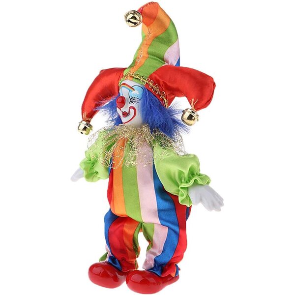 Buntes Keramik-Clown-Ornament, 19 cm, mit langen Beinen, künstlerisches Design