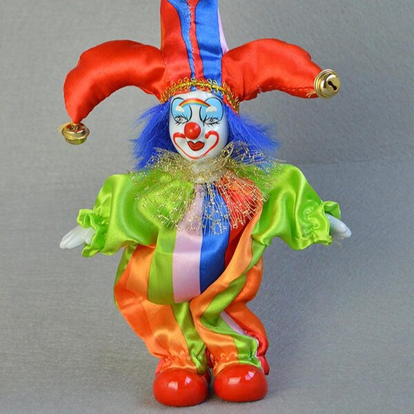 Buntes Keramik-Clown-Ornament, 19 cm, mit langen Beinen, künstlerisches Design