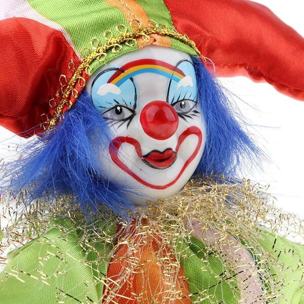 Buntes Keramik-Clown-Ornament, 19 cm, mit langen Beinen, künstlerisches Design