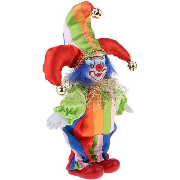 Buntes Keramik-Clown-Ornament, 19 cm, mit langen Beinen, künstlerisches Design