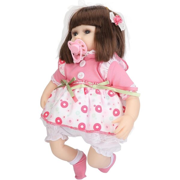 Hochsimulierte wiedergeborene Puppe aus Baumwolle mit gepunktetem Kleid, 42 cm – Lernspielzeug