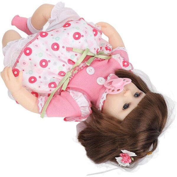 Hochsimulierte wiedergeborene Puppe aus Baumwolle mit gepunktetem Kleid, 42 cm – Lernspielzeug