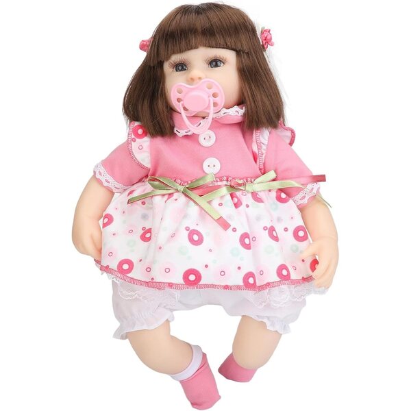 Hochsimulierte wiedergeborene Puppe aus Baumwolle mit gepunktetem Kleid, 42 cm – Lernspielzeug