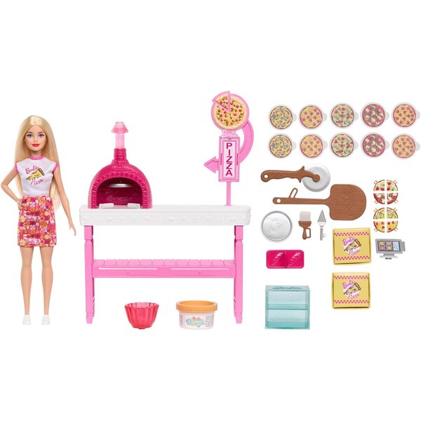 Barbie Pizza Shop-Spielset mit 25 Zubehörteilen für die Zubereitung lustiger Spielzeugpizzas