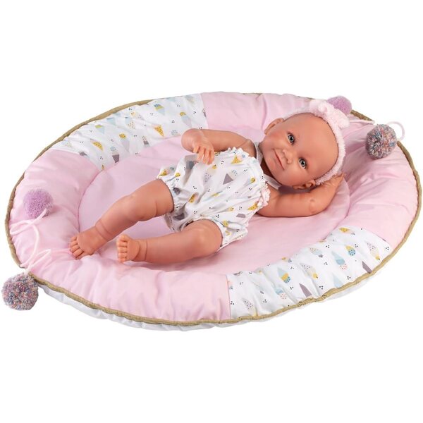 Bambola Nica Llorens 40 cm con vestito e morbido nido peluche, occhi azzurri