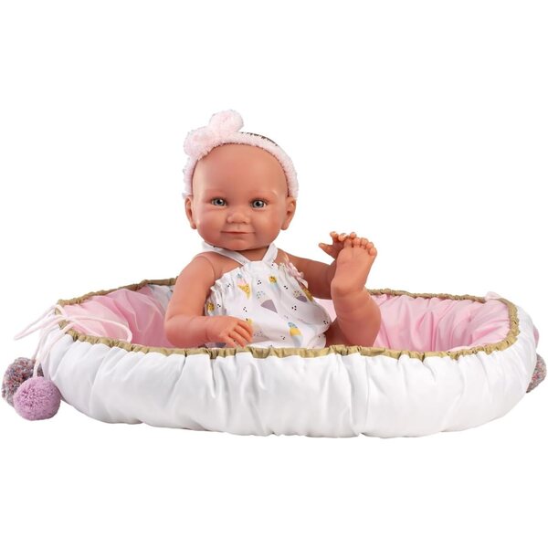 Bambola Nica Llorens 40 cm con vestito e morbido nido peluche, occhi azzurri