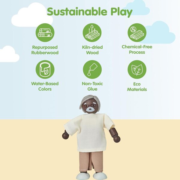 PlanToys Grand Father poupée en bois durable teint foncé 1:12