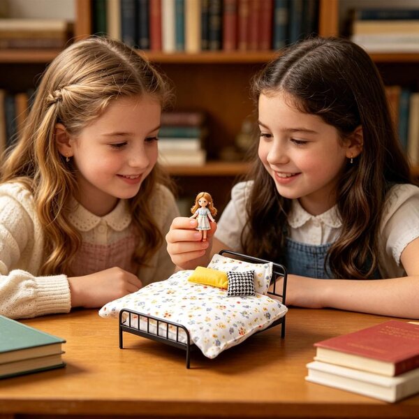 Set Cameretta Vintage in Miniatura con Biancheria e Cuscini per Casa delle Bambole