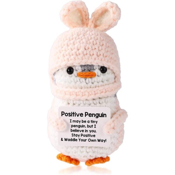 TOYMIS Positiver Wollpinguin mit Hasenmütze 11,5 cm – Ermutigendes Geschenk