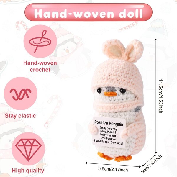 TOYMIS Positiver Wollpinguin mit Hasenmütze 11,5 cm – Ermutigendes Geschenk
