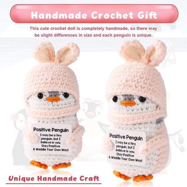 TOYMIS Positiver Wollpinguin mit Hasenmütze 11,5 cm – Ermutigendes Geschenk