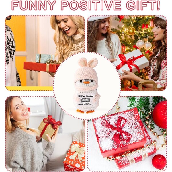 TOYMIS Positiver Wollpinguin mit Hasenmütze 11,5 cm – Ermutigendes Geschenk