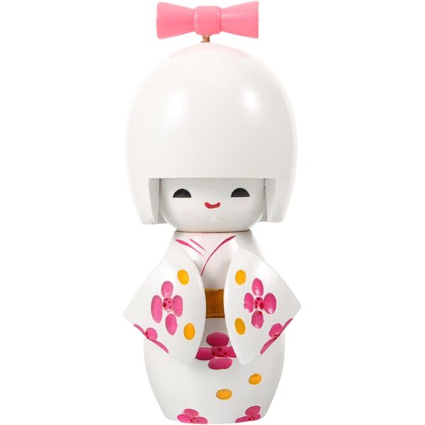 Bambola Kimono Giapponese Miniatura Bianca Maculata in Legno Decorazione Casa