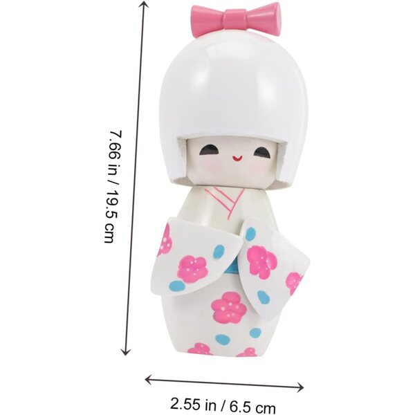 Bambola Kimono Giapponese Miniatura Bianca Maculata in Legno Decorazione Casa