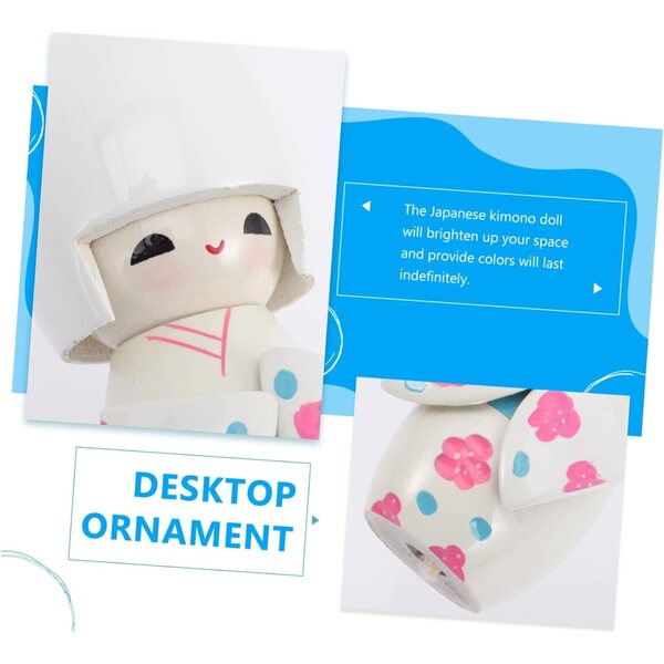 Bambola Kimono Giapponese Miniatura Bianca Maculata in Legno Decorazione Casa