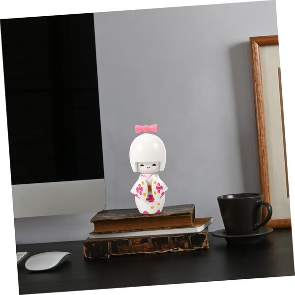 Bambola Kimono Giapponese Miniatura Bianca Maculata in Legno Decorazione Casa