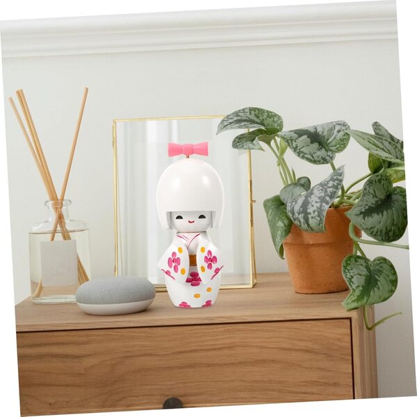 Bambola Kimono Giapponese Miniatura Bianca Maculata in Legno Decorazione Casa