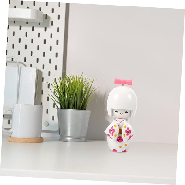 Bambola Kimono Giapponese Miniatura Bianca Maculata in Legno Decorazione Casa