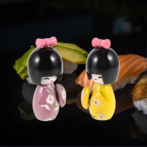 Bambole Kimono in Legno Artigianali Giapponesi - Decorazioni Tradizionali 2 Pezzi