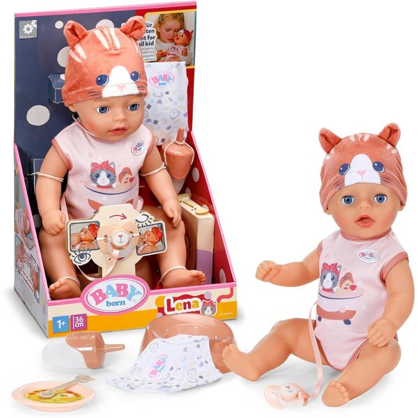 BABY born Lena 36 cm mit Katzen-Strampler, Puppe für Kinder ab 1 Jahr mit 7 Funktionen ohne Batterien
