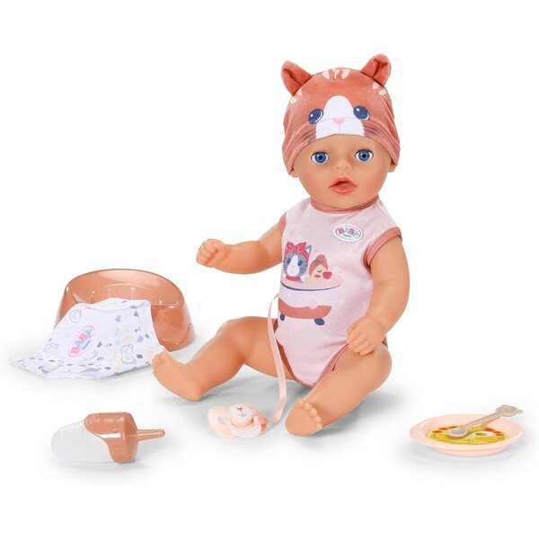 BABY born Lena 36 cm mit Katzen-Strampler, Puppe für Kinder ab 1 Jahr mit 7 Funktionen ohne Batterien