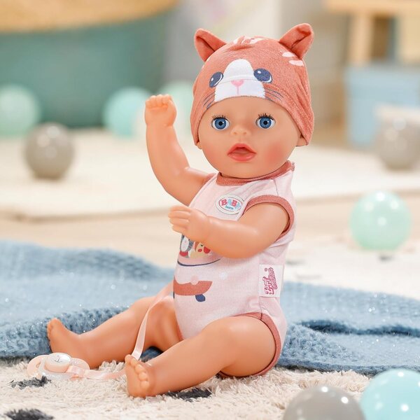BABY born Lena 36 cm mit Katzen-Strampler, Puppe für Kinder ab 1 Jahr mit 7 Funktionen ohne Batterien