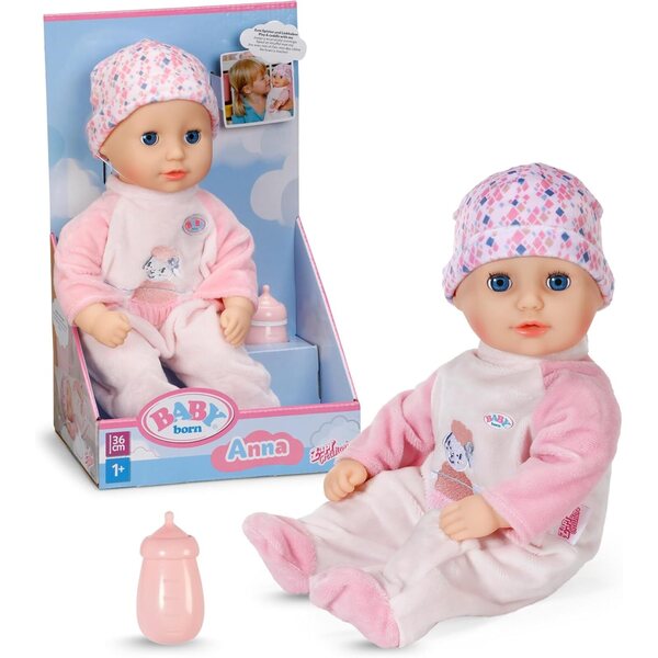 BABY Anna: 36 cm große Puppe mit weichem Körper, schließenden Augen, rosa Strampler und Flasche
